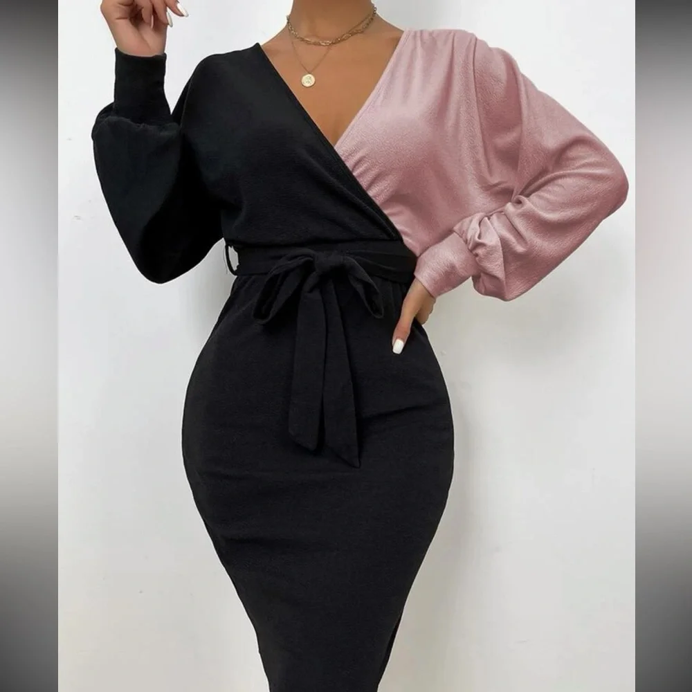 Two-Tone Belted Bodycon Sweater Dress NEW 🏷️
